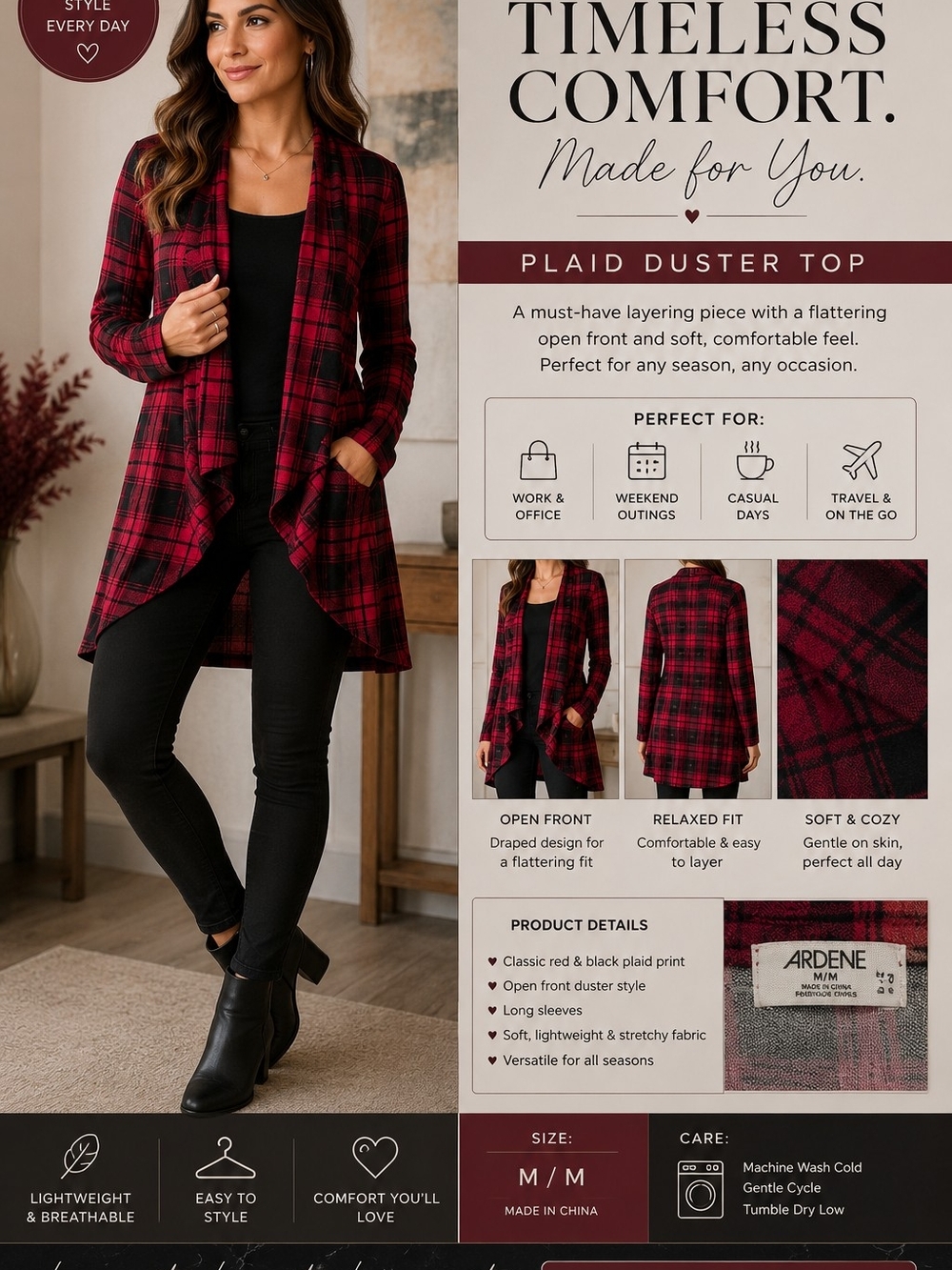Ardene Plaid Duster Top - Red & Black